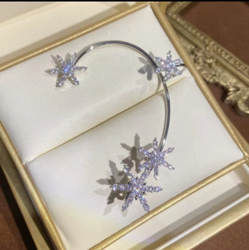Snowflake-shaped earrings on a white cloth with a gold frame