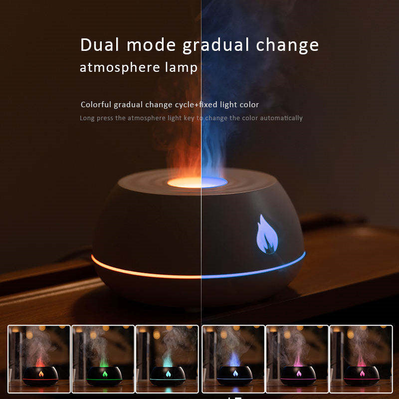 Gradual change cycle of a dual mode atmosphere lamp with flame design.