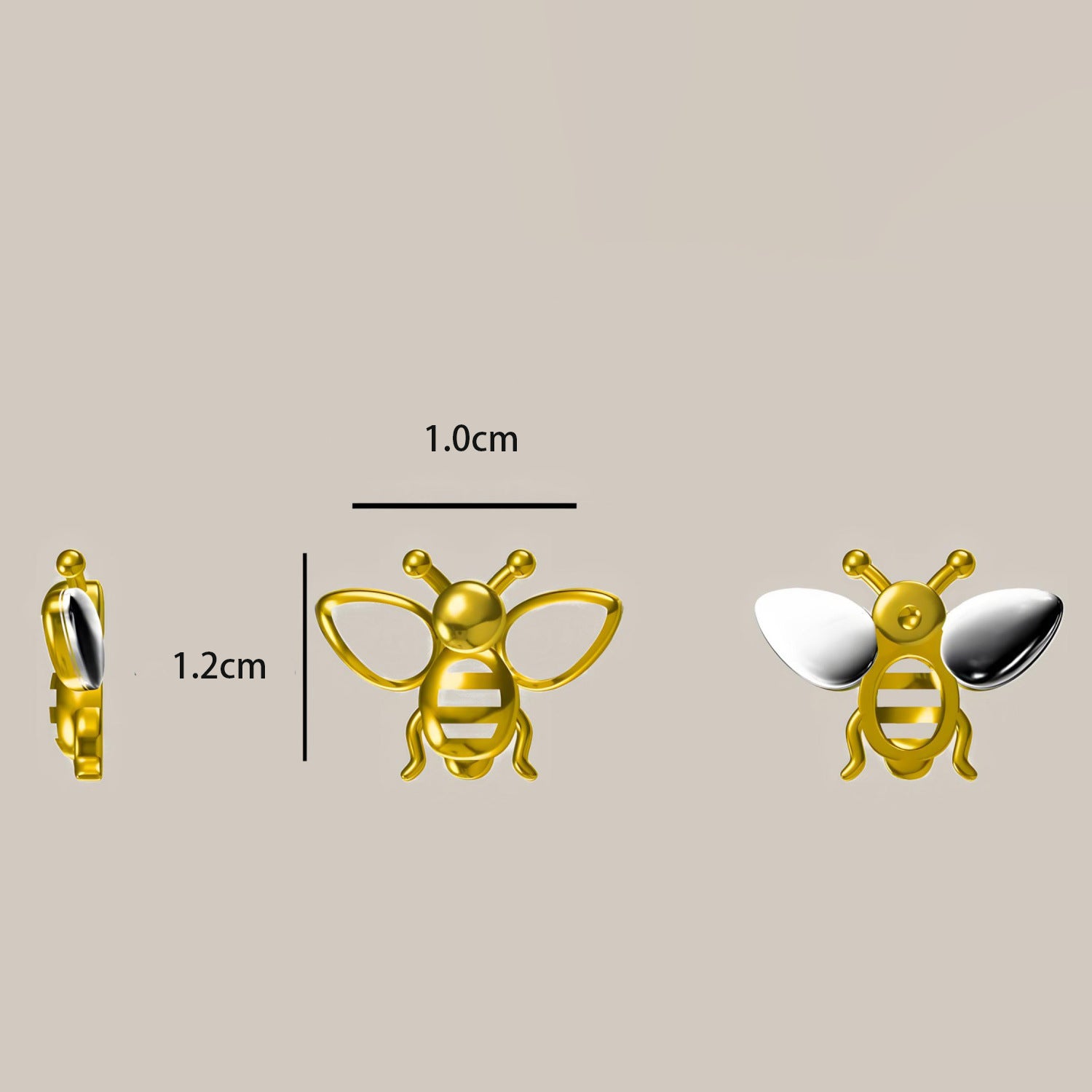 Gold bee-shaped earrings with measurements on a beige background