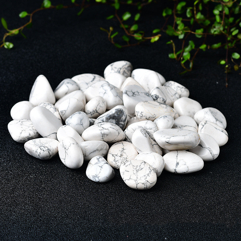 White pebbles on a black surface with greenery in the background