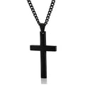 Black cross pendant necklace on a white background