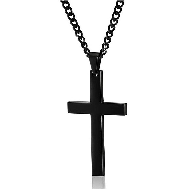 Black cross pendant necklace on a white background