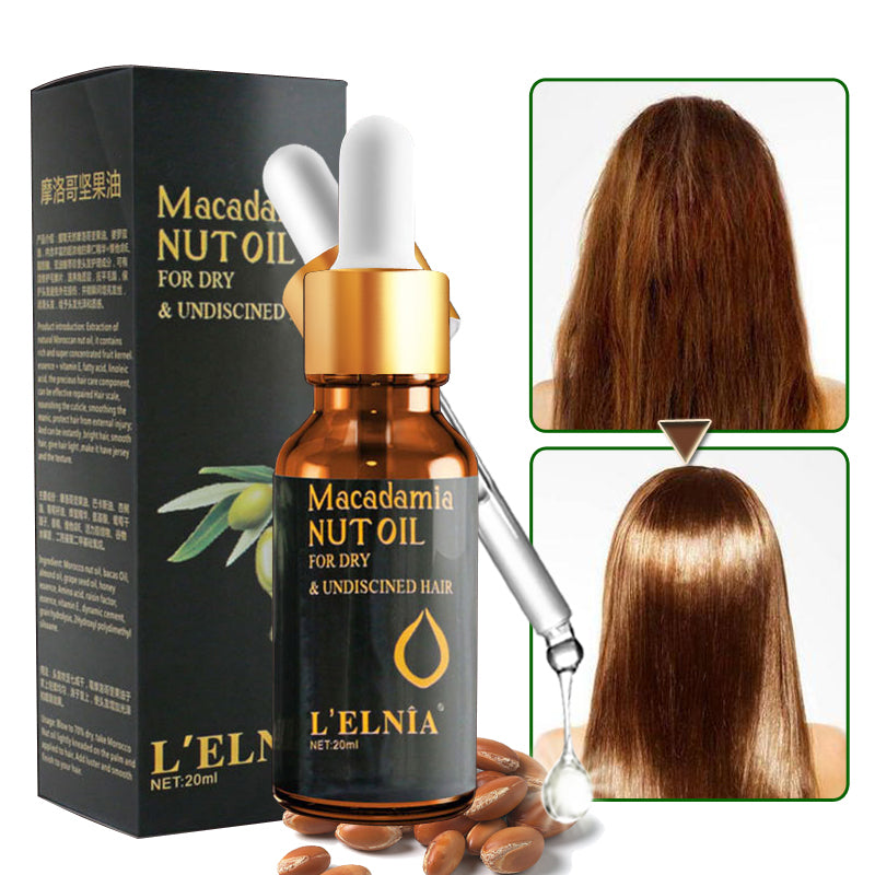 Macadamia nut oil bottle with dropper and packaging, showing before and after hair usage.