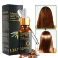 Macadamia nut oil bottle with dropper and packaging, showing before and after hair usage.