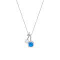 Silver necklace with a blue gemstone pendant on a white background