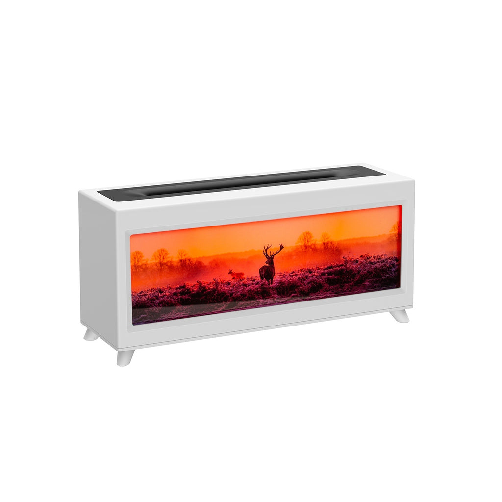 White electric fireplace with digital display showing a deer scene on a white background