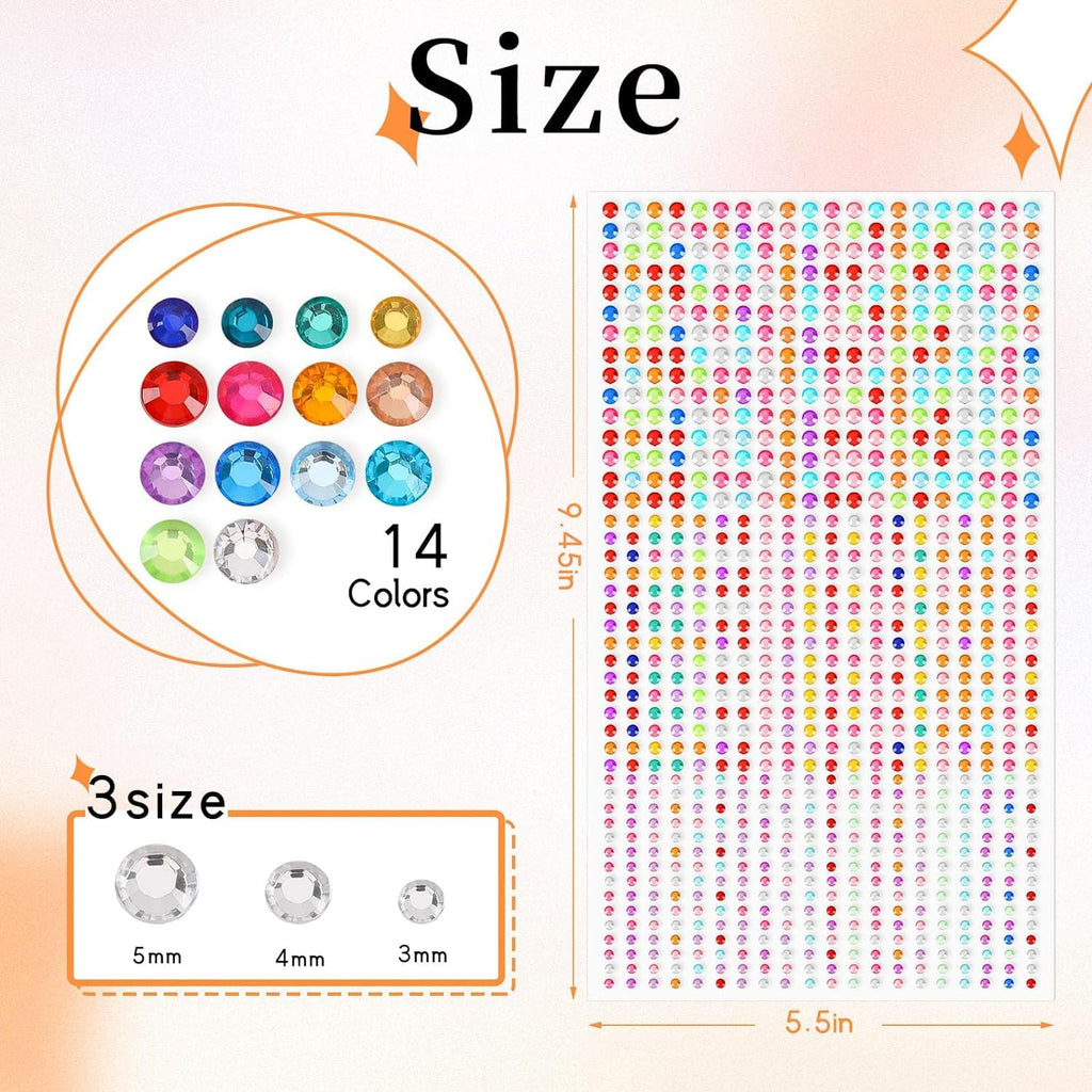 Colorful gemstones with size chart on a white background