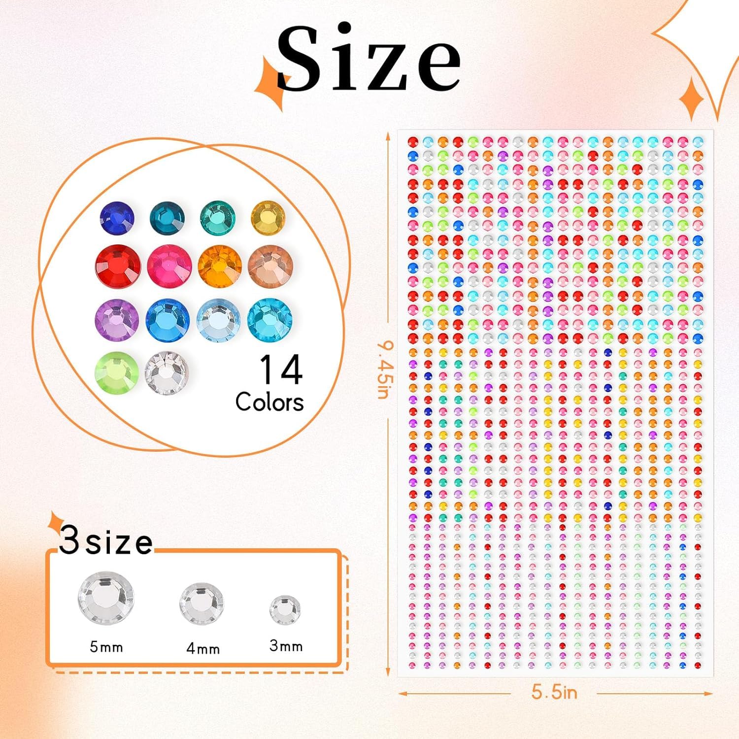 Colorful gemstones with size chart on a white background