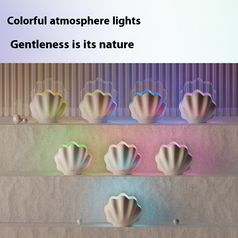 Shell-shaped colorful lights on a shelf with a soft background