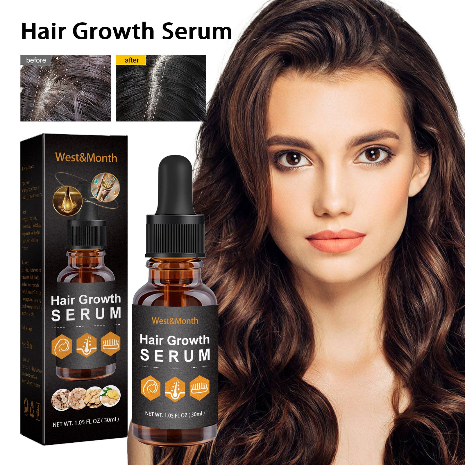 Hair growth serum with bottle, packaging, and before-and-after hair comparison on a white background.