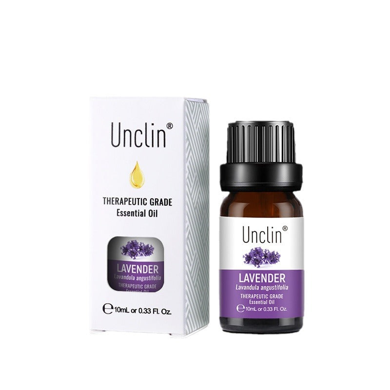 Unclin lavender essential oil bottle and packaging on a white background