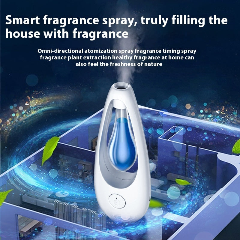 Smart fragrance spray device with text on a futuristic cityscape background