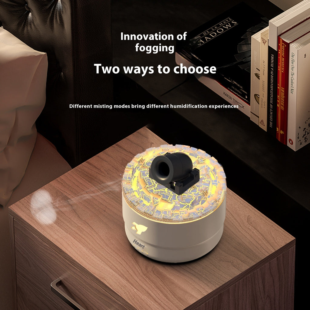 Humidifier on a wooden surface with books in the background
