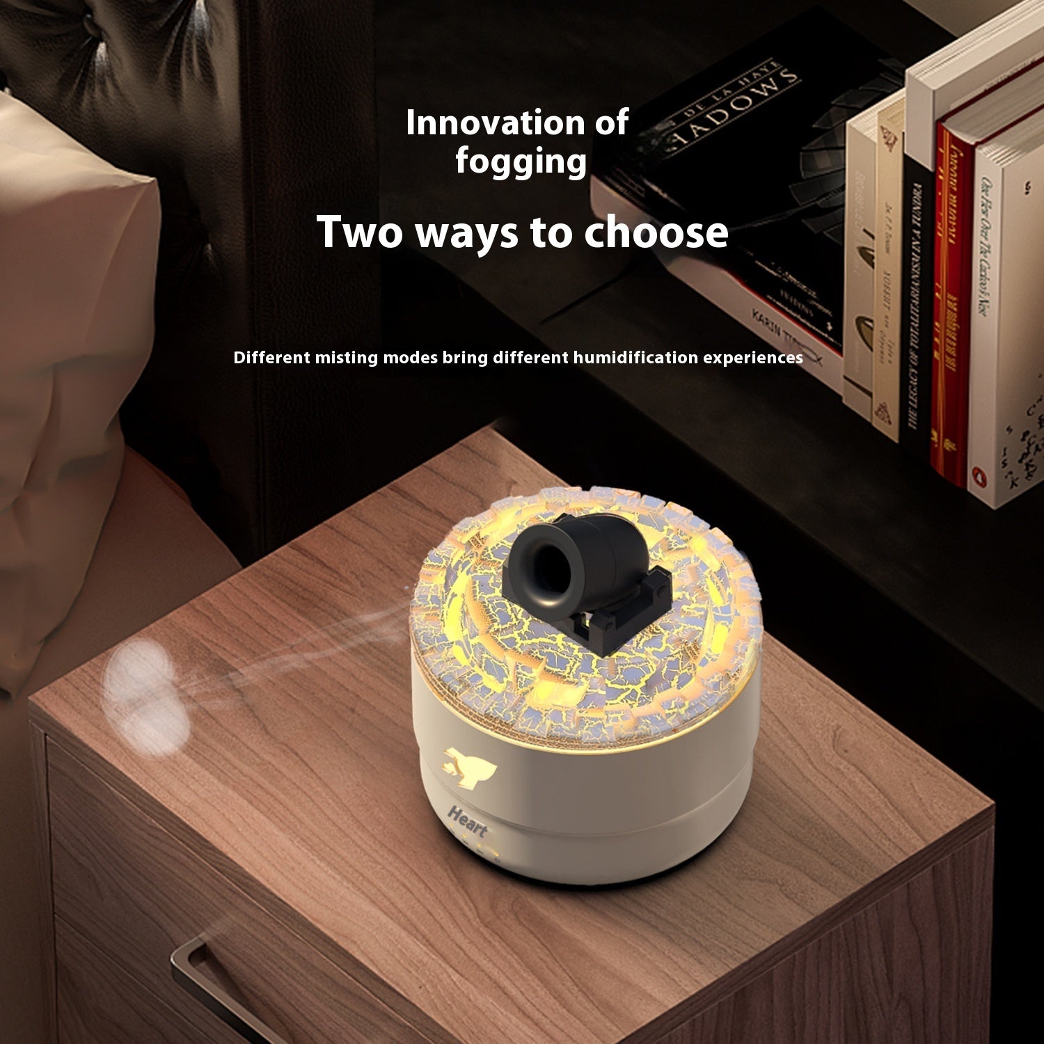 Humidifier on a wooden surface with books in the background