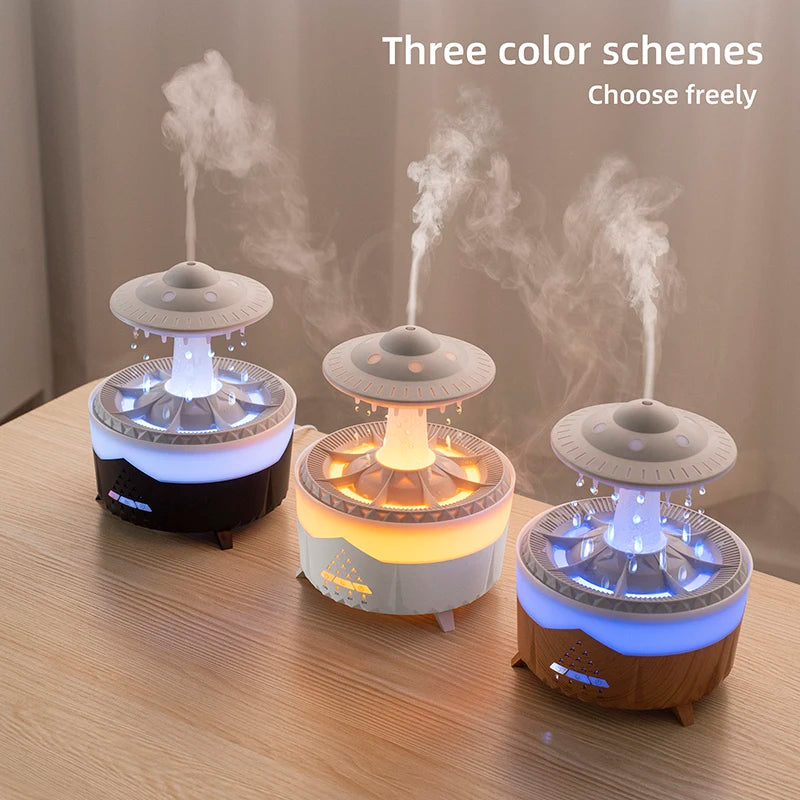 Three different colored diffusers on a wooden surface with text 'Three color schemes Choose freely'.