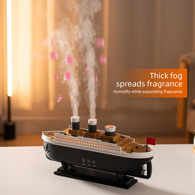 Ship-shaped humidifier emitting steam with a blurred indoor background