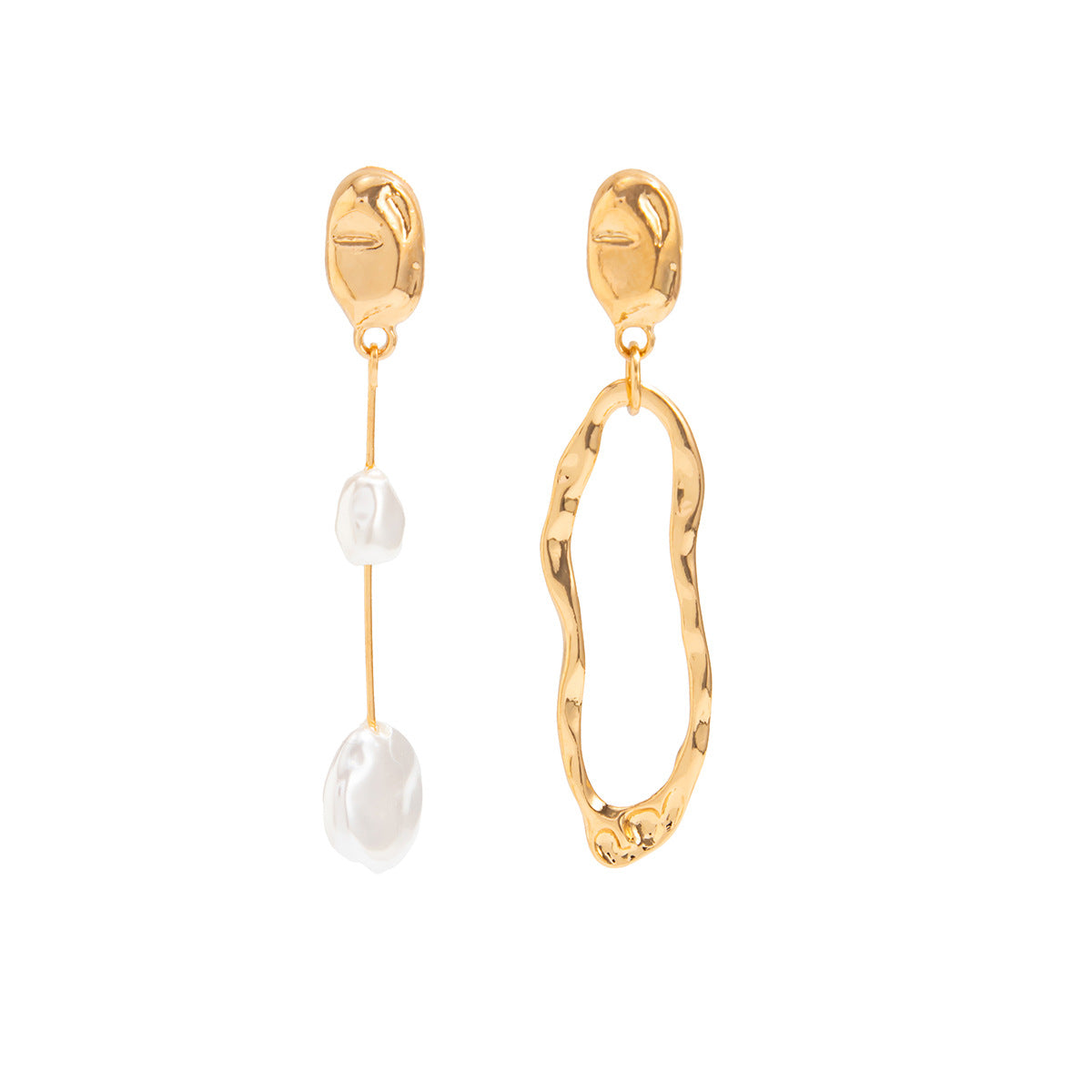Gold earrings with pearl drops on a white background