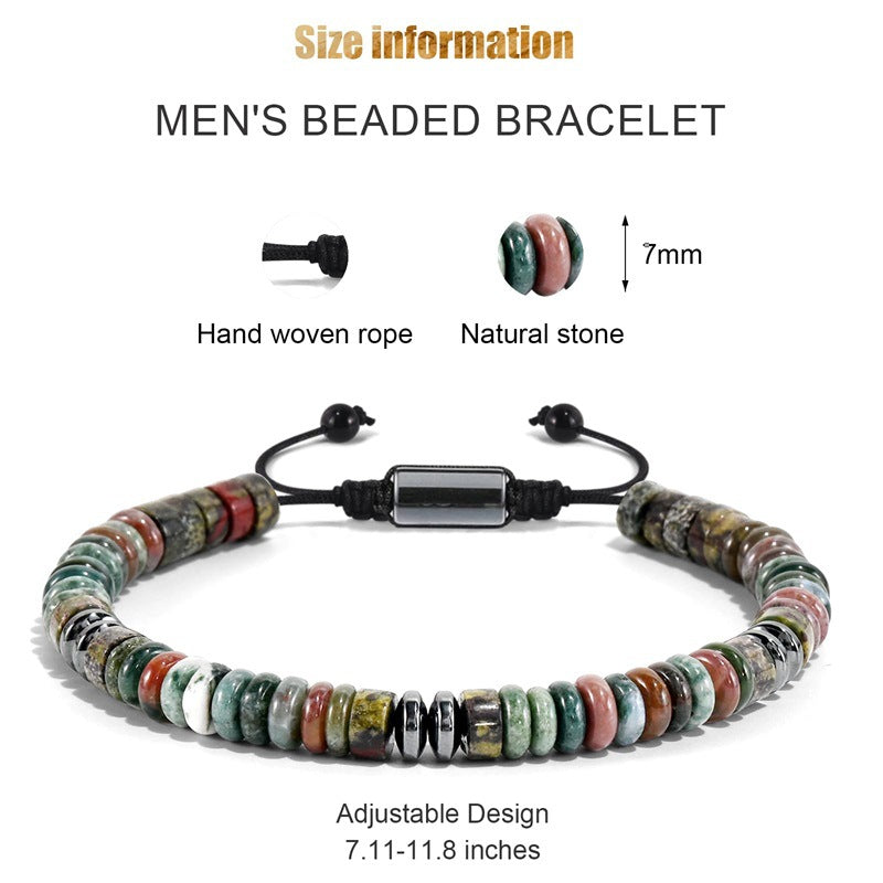 Men's beaded bracelet with size information on a white background