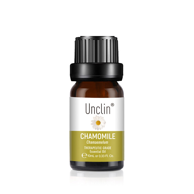 Brown essential oil bottle with a white label on a white background