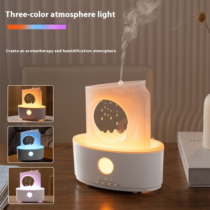 Three-color atmosphere light with aromatherapy and humidification features on a wooden surface.