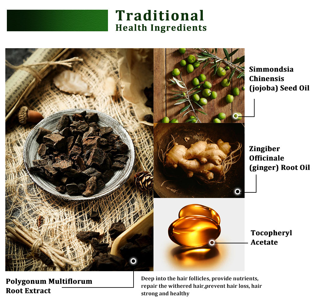 Traditional health ingredients with labels and descriptions on a white background