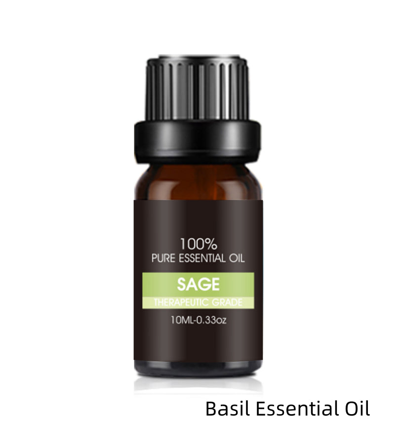 Bottle of basil essential oil with a black cap on a white background