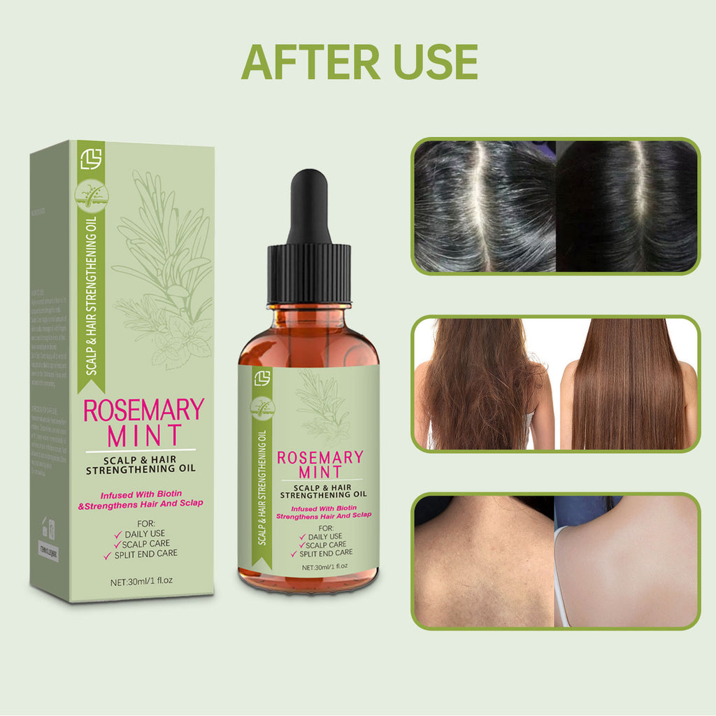 Rosemary Mint scalp and hair strengthening oil with packaging and before/after images on a light green background
