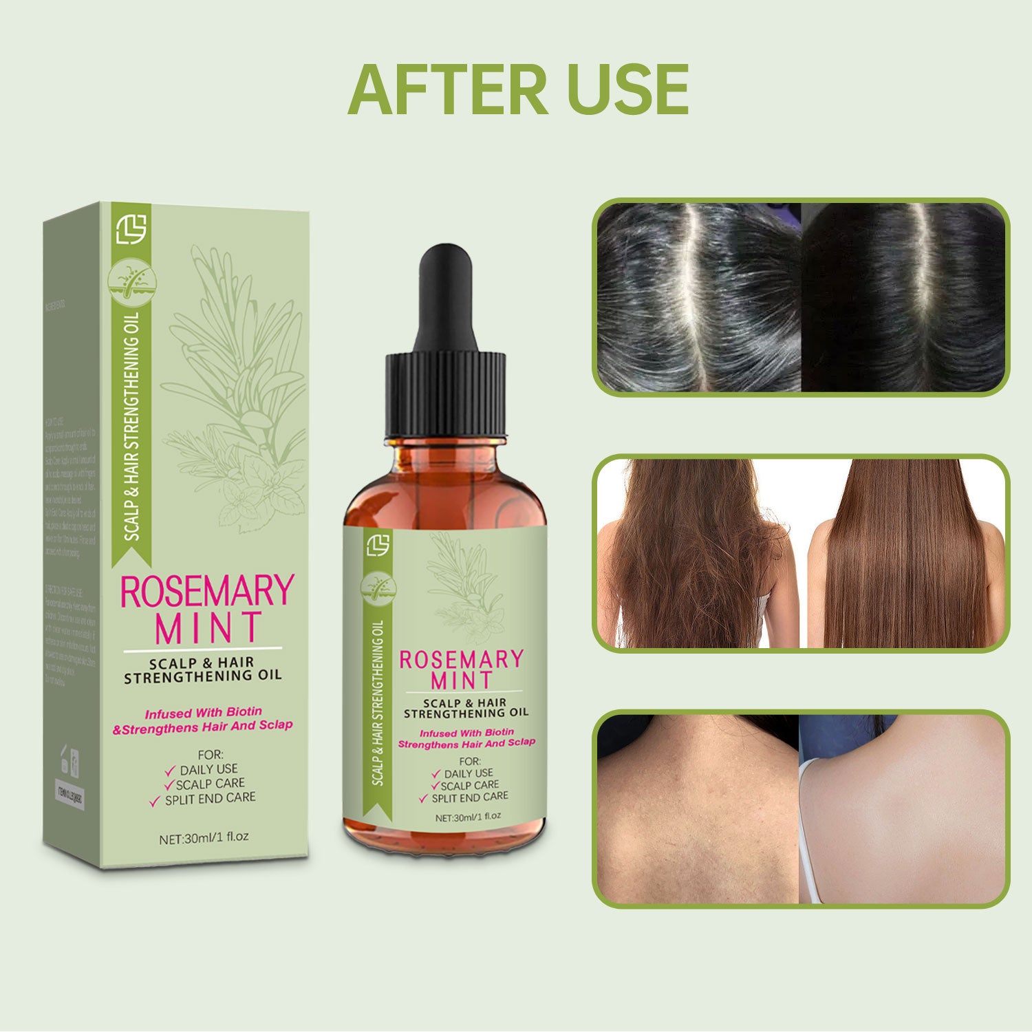 Rosemary Mint scalp and hair strengthening oil with packaging and before/after images on a light green background