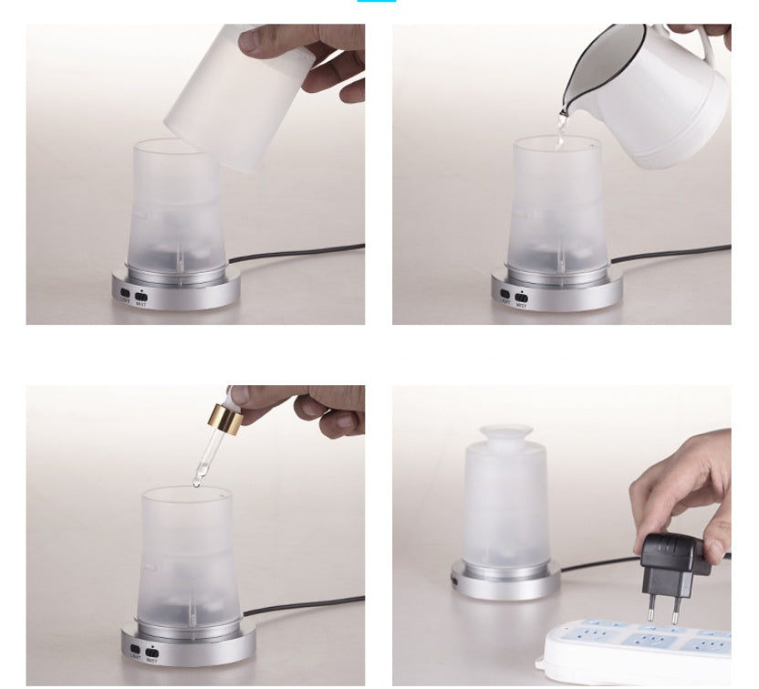 Step-by-step guide on using a small electronic device with a candle-like container.