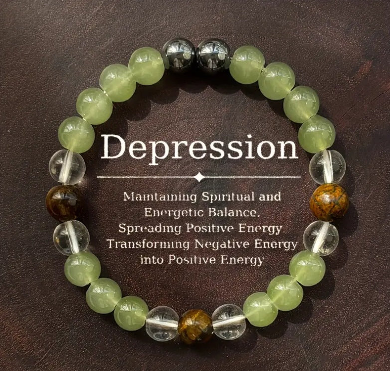 Beaded bracelet with text on a brown background