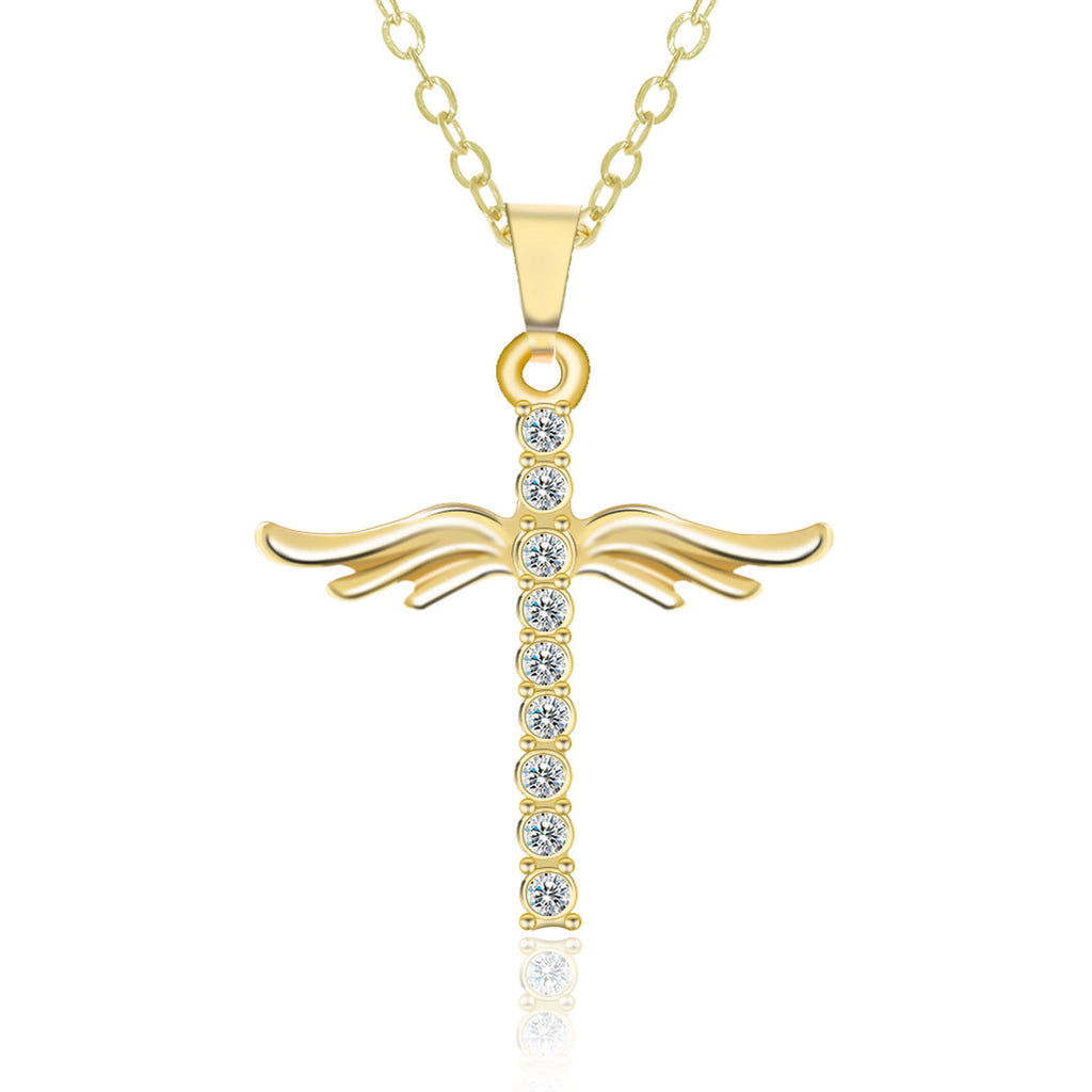 Gold cross pendant necklace with diamonds on a white background