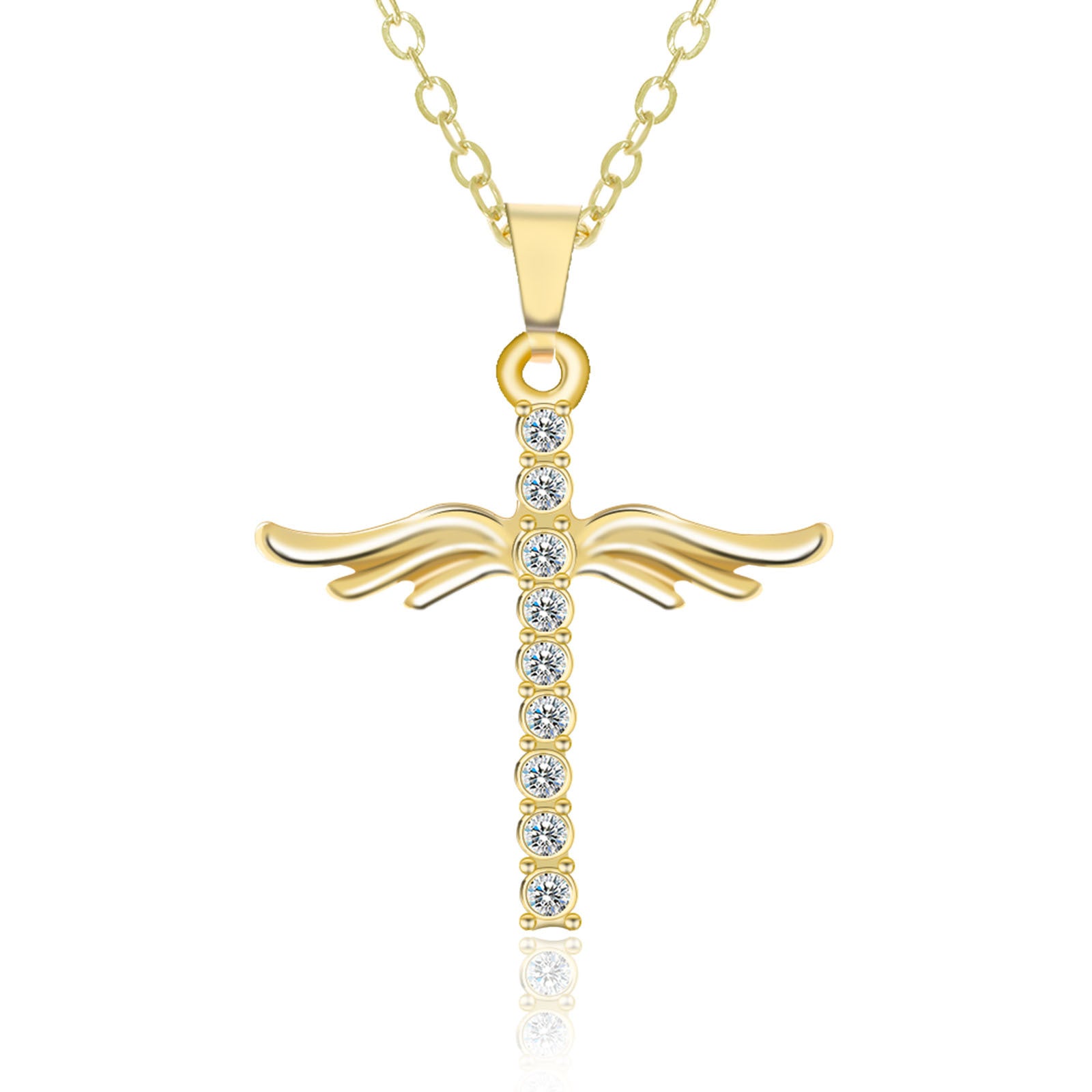 Gold cross pendant necklace with diamonds on a white background