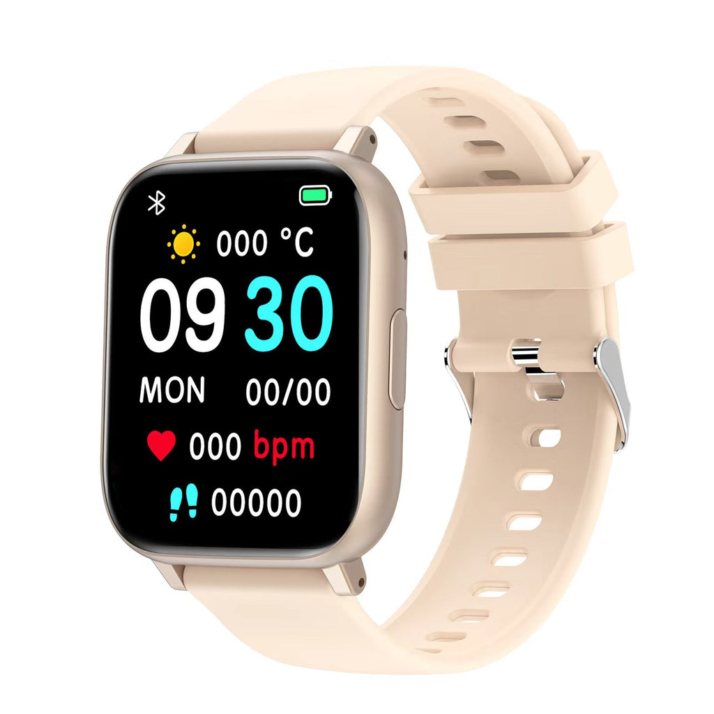 Smartwatch with a beige strap on a white background