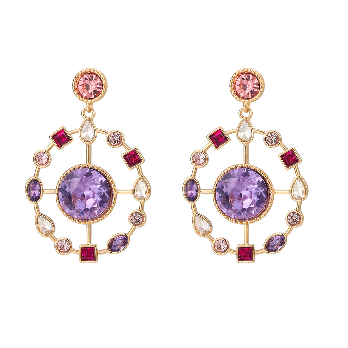 Pair of ornate earrings with purple gemstones and gold accents on a white background