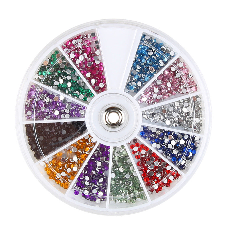Round wheel of multicolored rhinestones on a white background