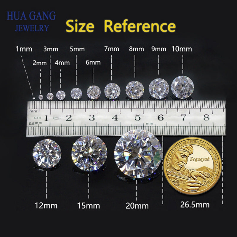 Jewelry size reference chart with diamonds and a coin for scale on a black background.