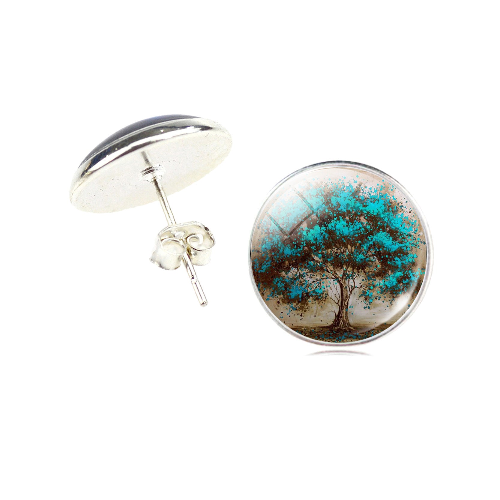Round earrings with tree design on a white background