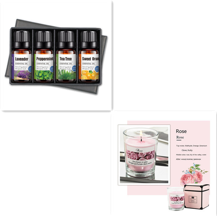 Set of essential oil bottles and a candle with a card on a white background