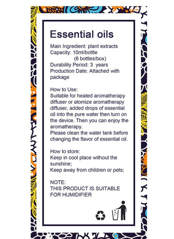 Product label with essential oil information and usage instructions on a white background