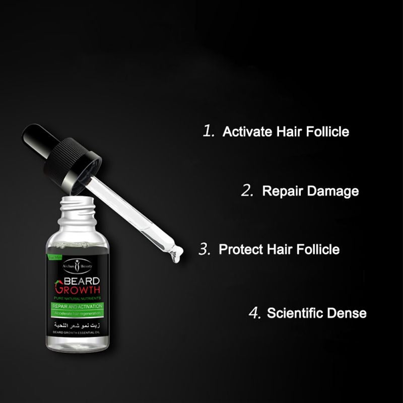 Beard growth serum bottle with dropper on a black background with text listing benefits.