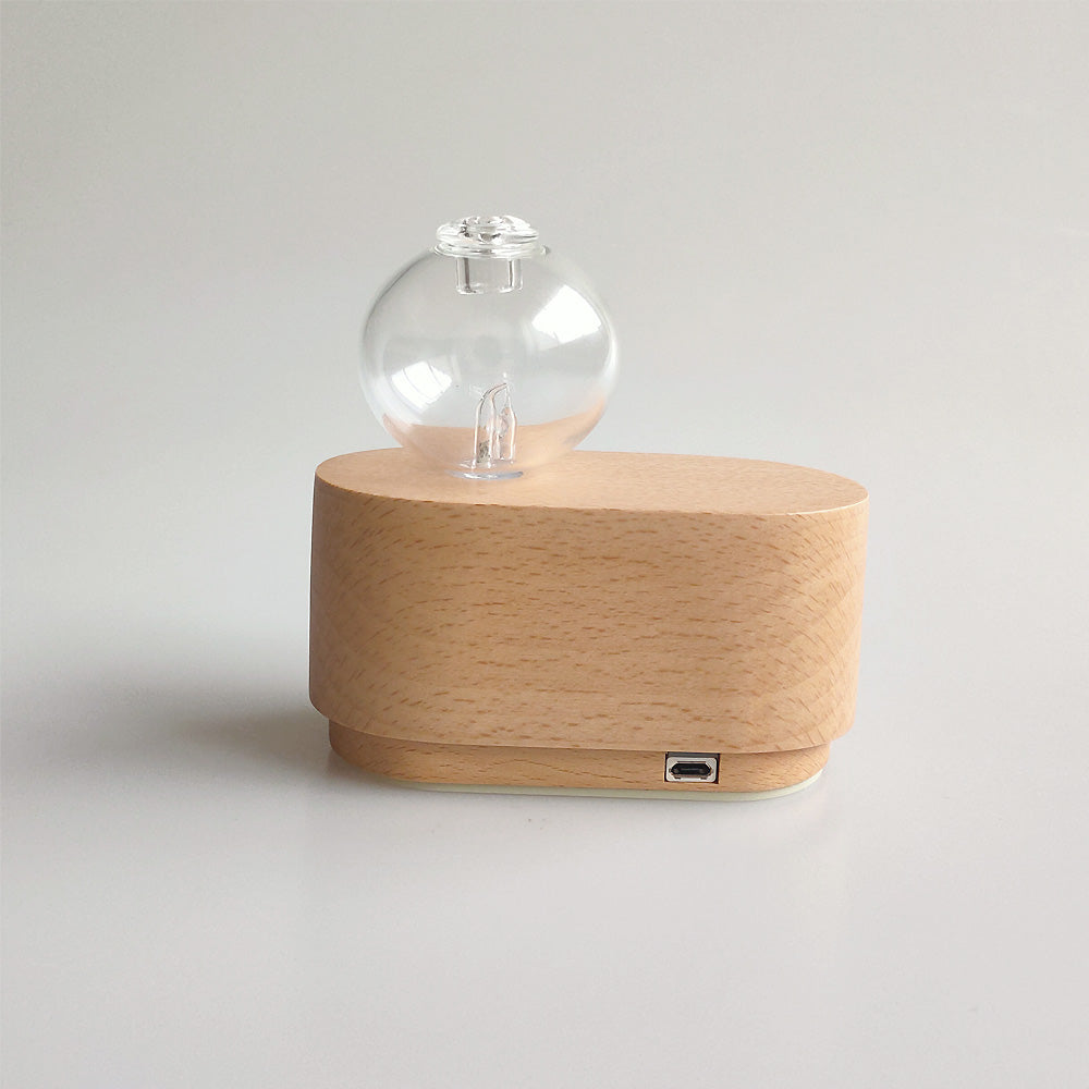 Wooden lamp with a glass bulb on a light gray background