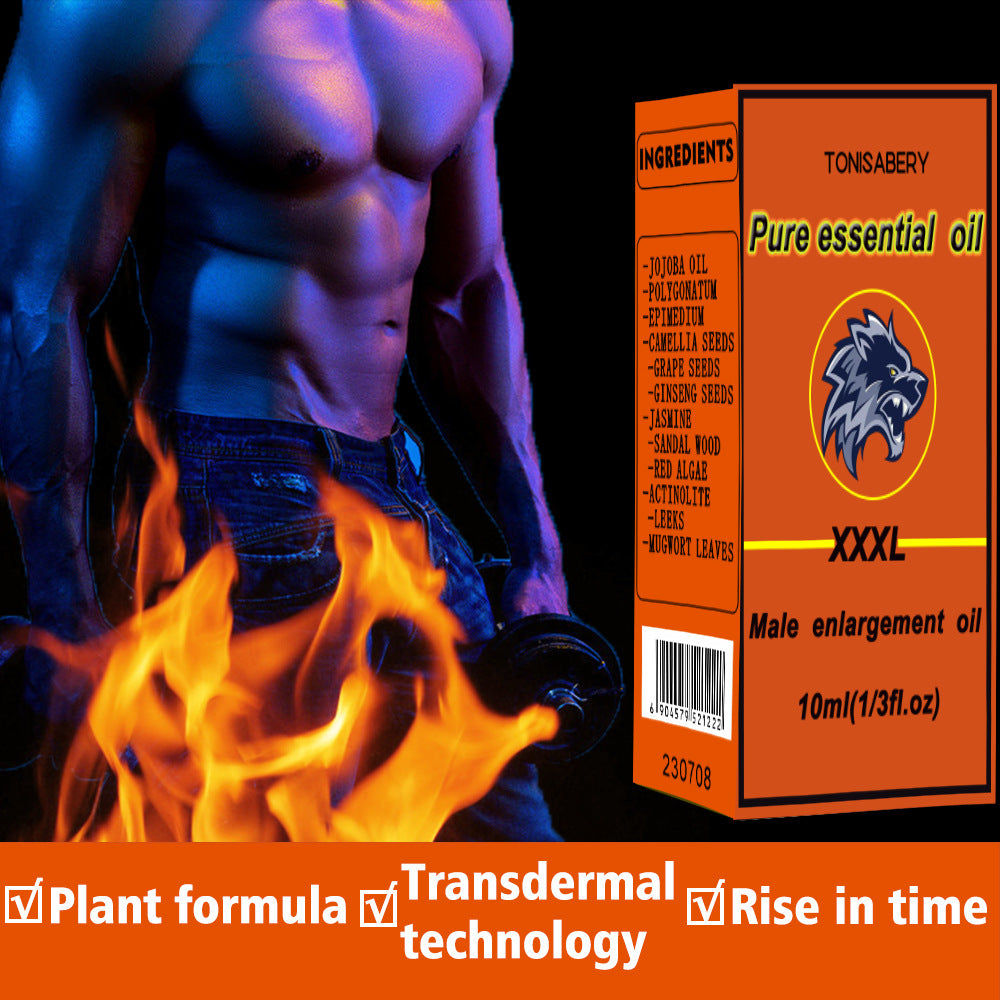 Box of Tonisabery Pure essential oil with a muscular figure and flames in the background
