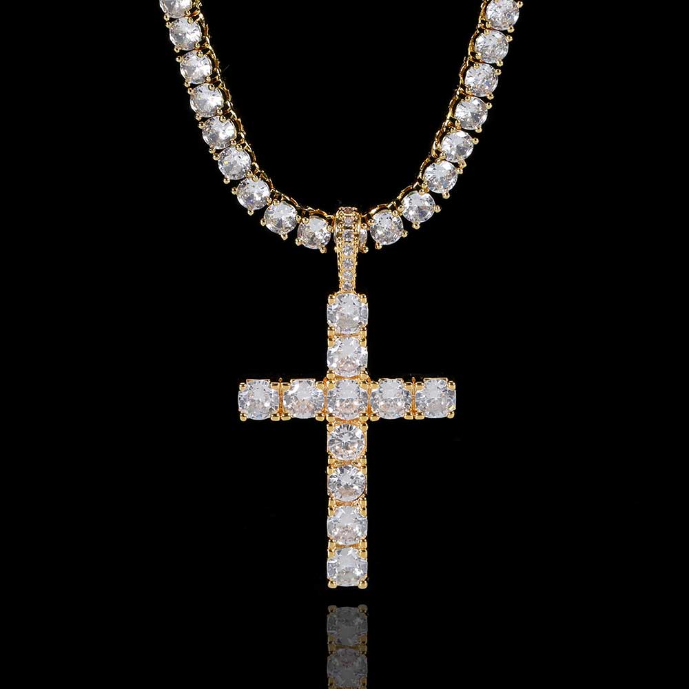 Diamond-studded cross pendant on a chain against a black background