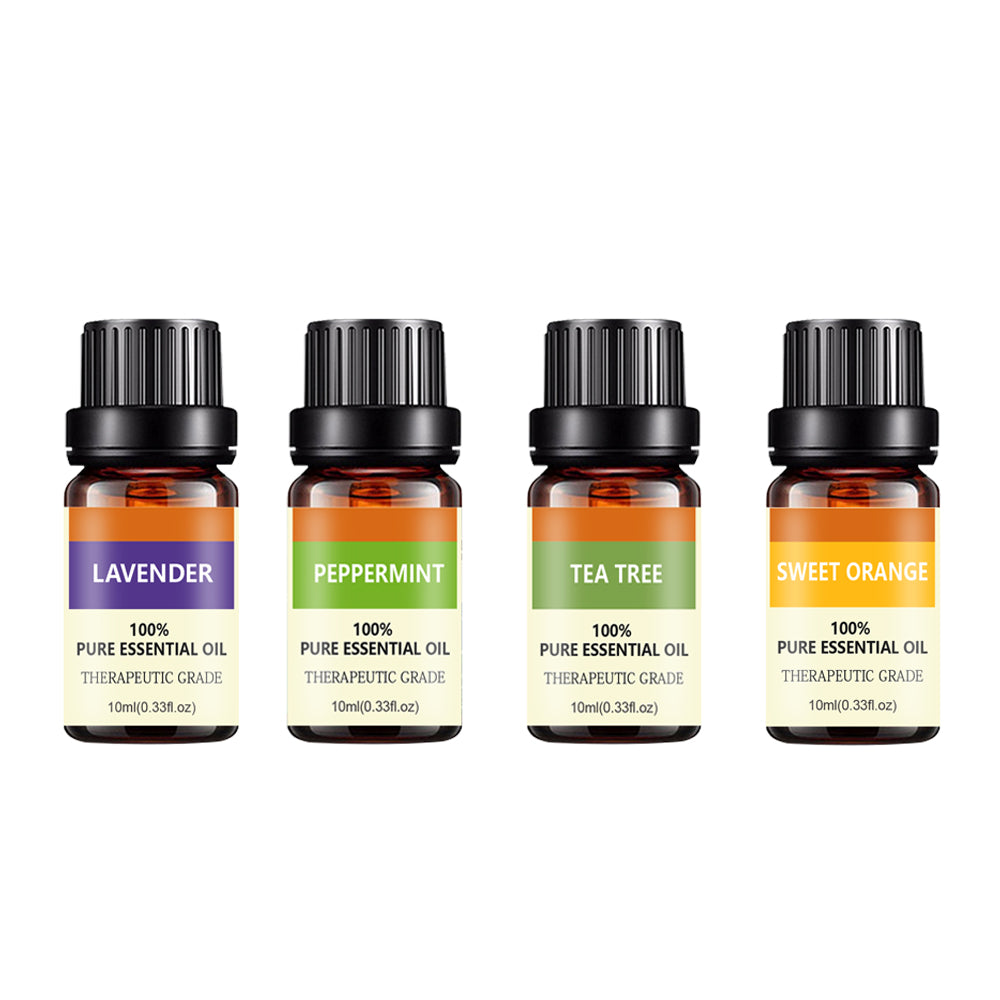 Four essential oil bottles with colorful labels on a white background
