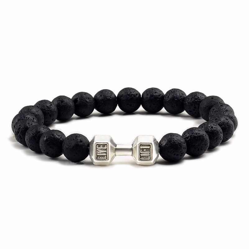 Black beaded bracelet with silver dumbbell-shaped charms on a white background