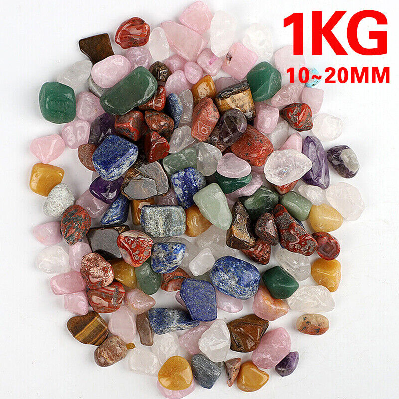Assorted colored stones with a weight indication of 1KG and size range 10-20MM on a white background.