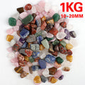 Assorted colored stones with a weight indication of 1KG and size range 10-20MM on a white background.