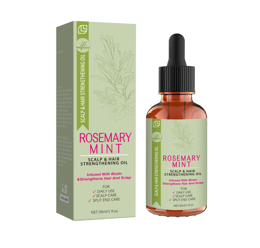 Rosemary Mint scalp and hair strengthening oil with packaging on a white background