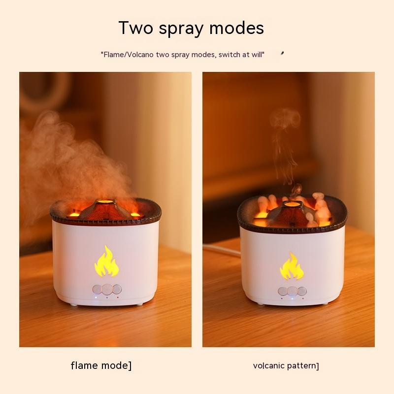 Two spray modes of a device with flame and volcanic pattern indicators on a wooden surface.