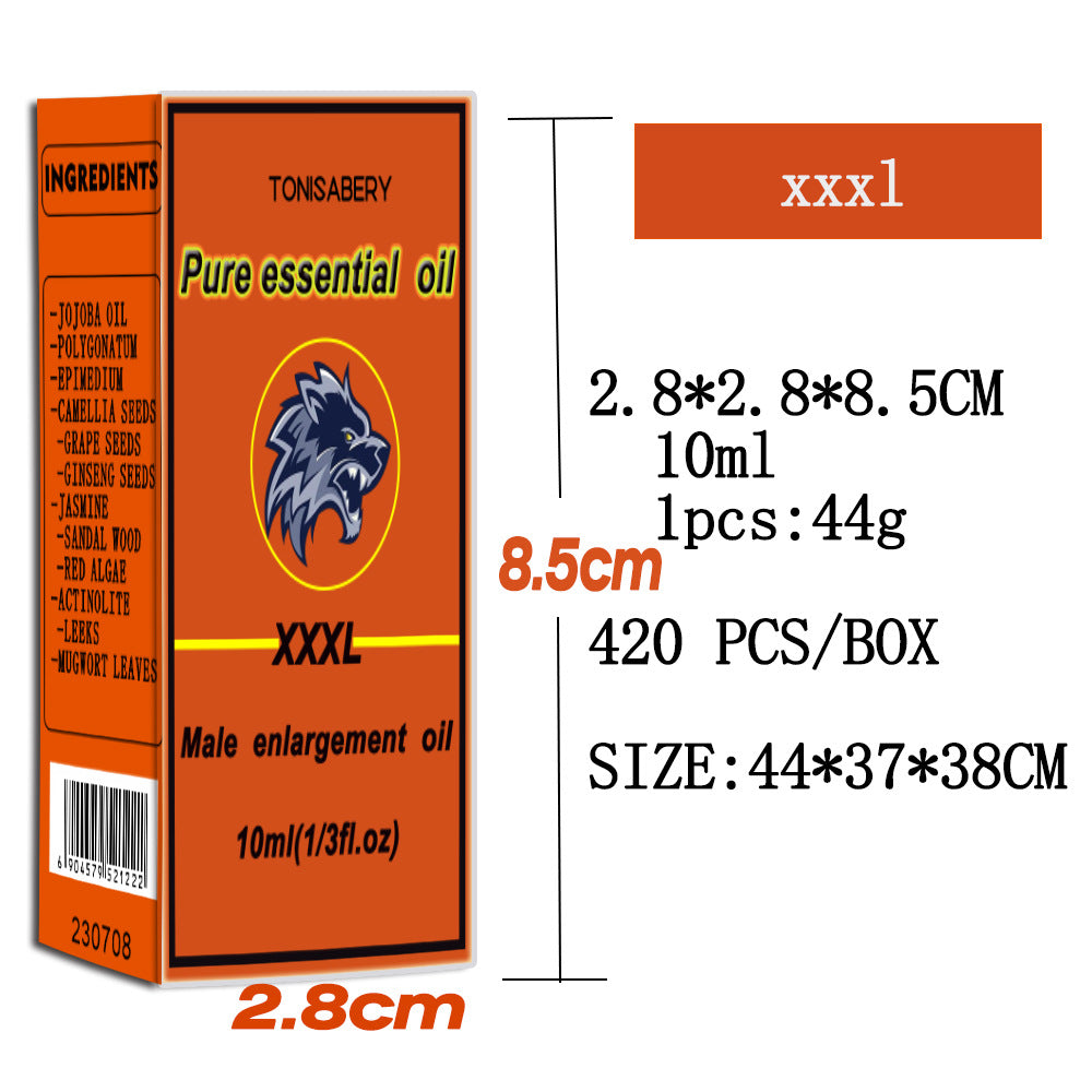 Orange packaging of Tonsabery Pure essential oil with dimensions and product details.
